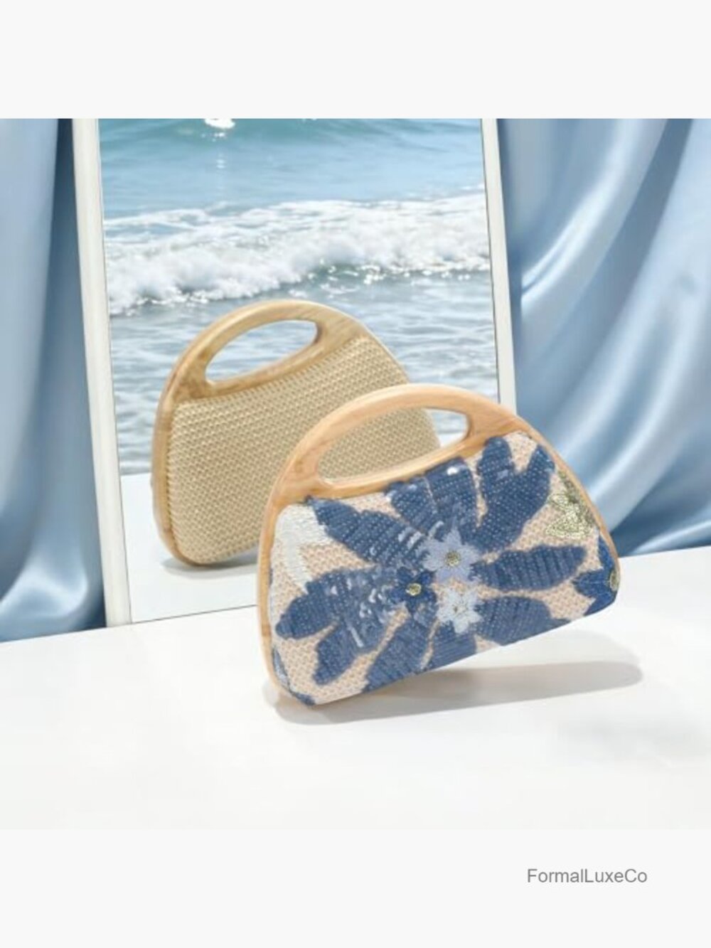 Floral Beaded Straw Clutch Embroidered Evening Purse Women - Picture 3 of 7